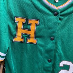 EMBROIDERED LETTER H - SHORT SLEEVE NYLON SNAP BUTTON JERSEY, STRIPED SLEEVES #25 in GREEN, YELLOW