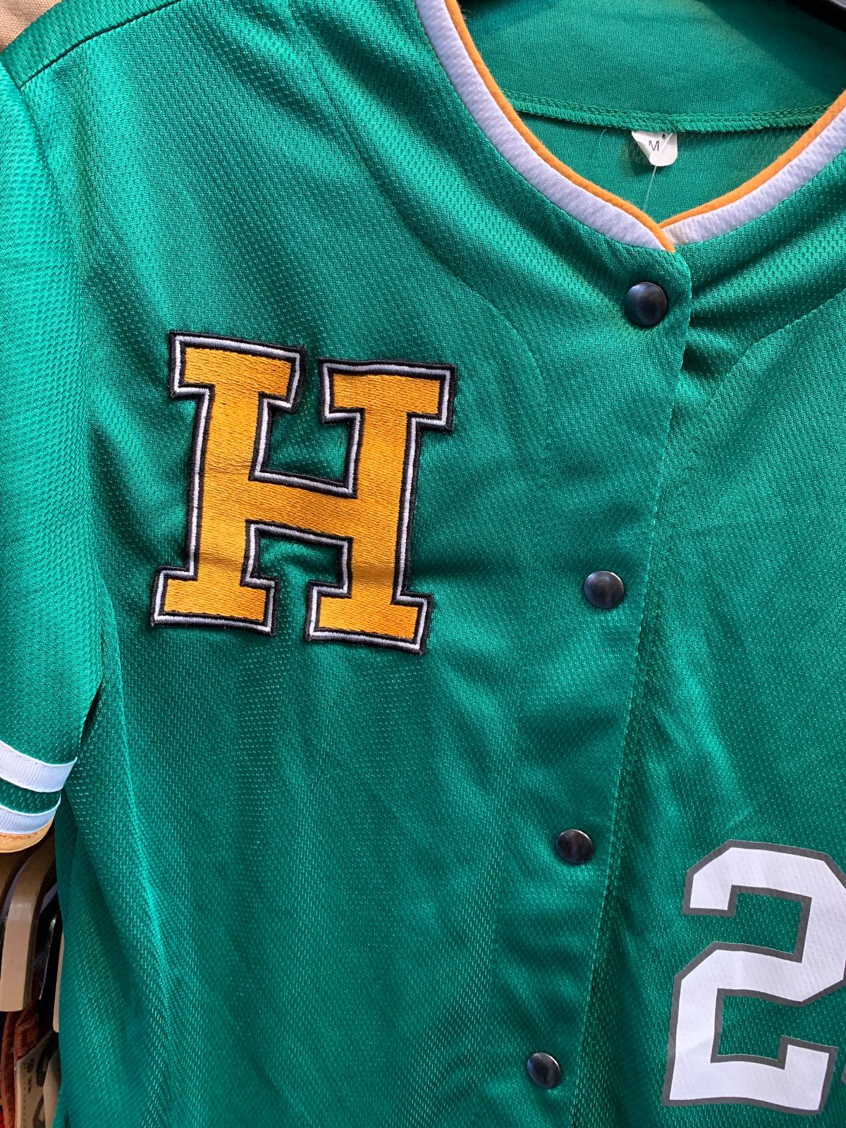 EMBROIDERED LETTER H - SHORT SLEEVE NYLON SNAP BUTTON JERSEY, STRIPED SLEEVES #25 in GREEN, YELLOW