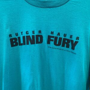 SCREEN STARS 1990 DEADSTOCK RUTGER HAUER BLIND FURY LOGO GRAPHIC SINGLE STITCH T-SHIRT in GREEN