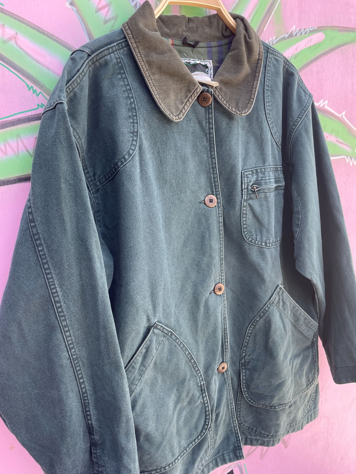 LL BEAN LL BEAN BUTTON UP CHORE JACKET W/ CORDUROY COLLAR in GREEN