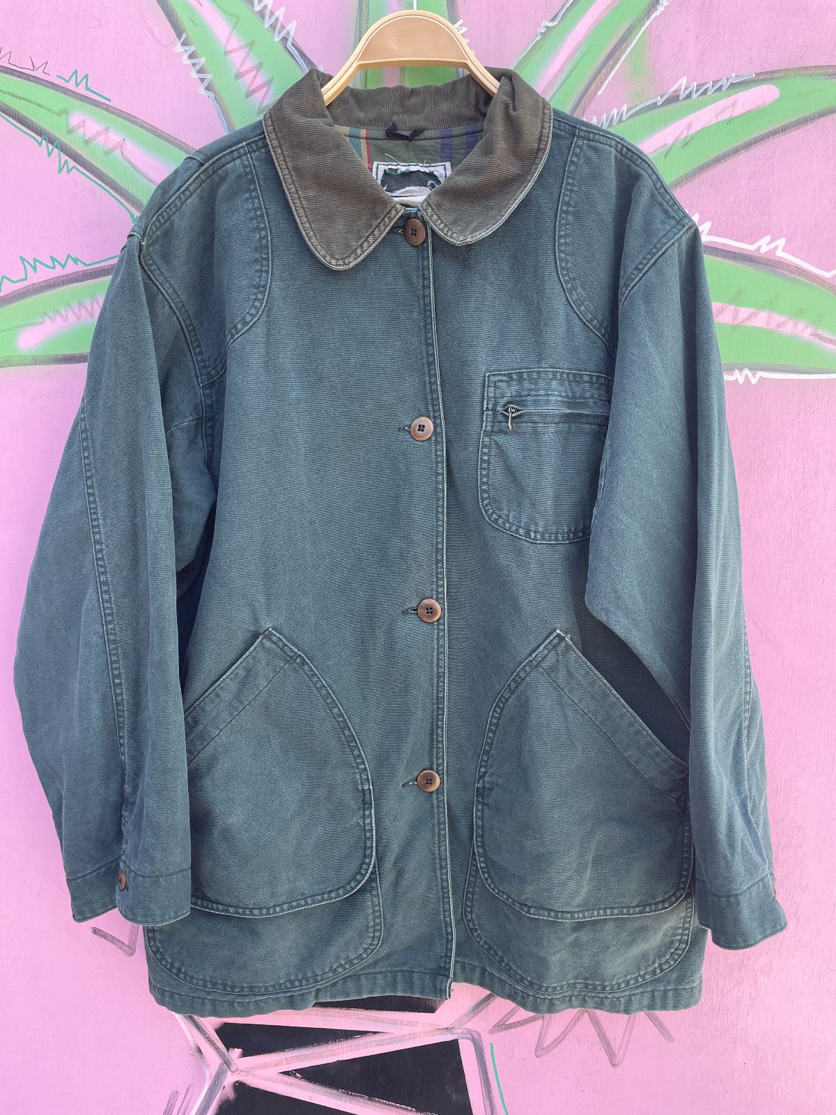 LL BEAN LL BEAN BUTTON UP CHORE JACKET W/ CORDUROY COLLAR in GREEN