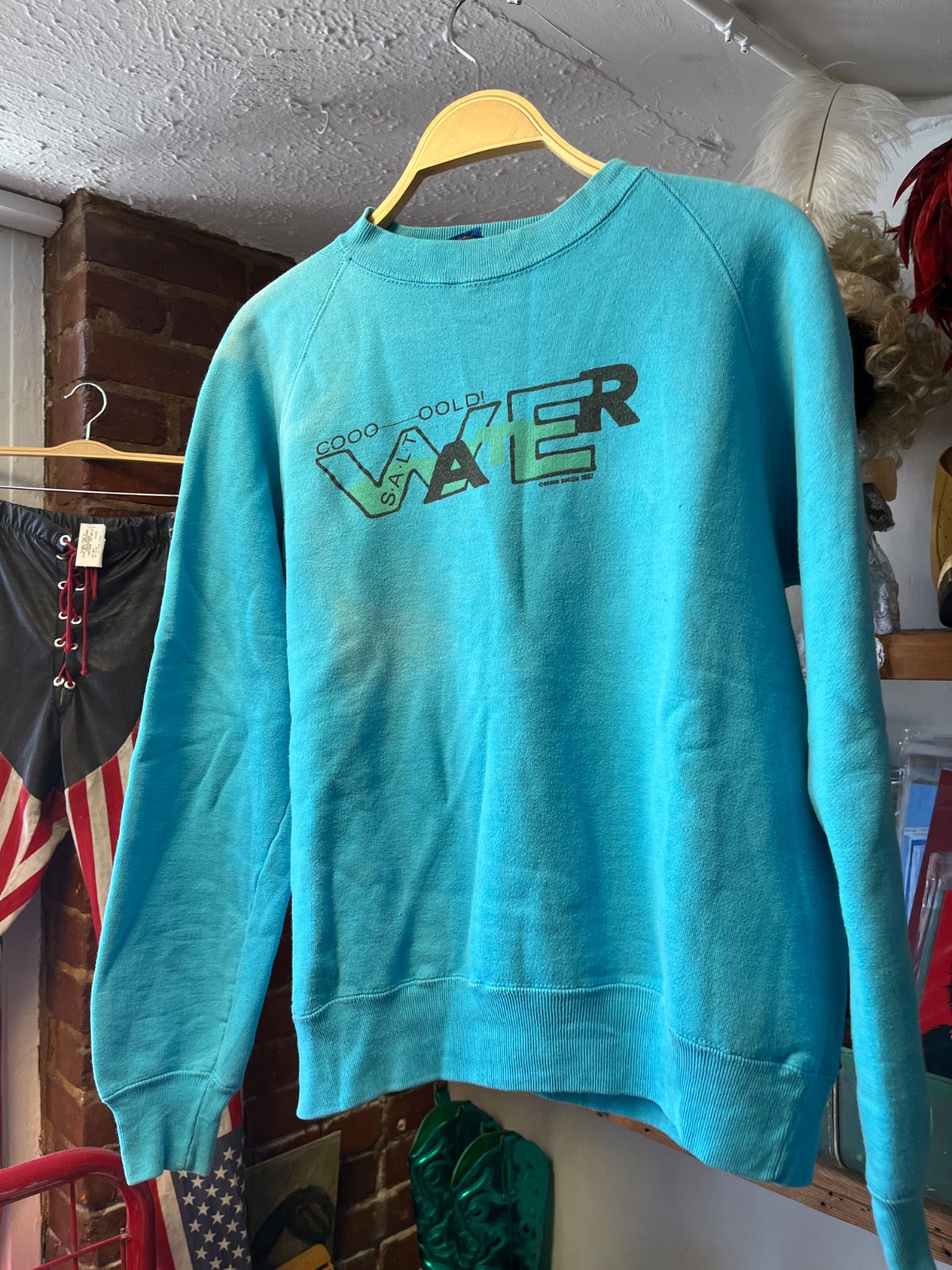OCEAN PACIFIC *AS-IS* FUN! 1980S COLD SALT WATER GRAPHIC SWEATSHIRT in BLUE, BLACK, GREEN