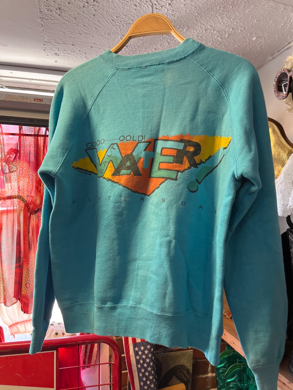 OCEAN PACIFIC *AS-IS* FUN! 1980S COLD SALT WATER GRAPHIC SWEATSHIRT in BLUE, BLACK, GREEN