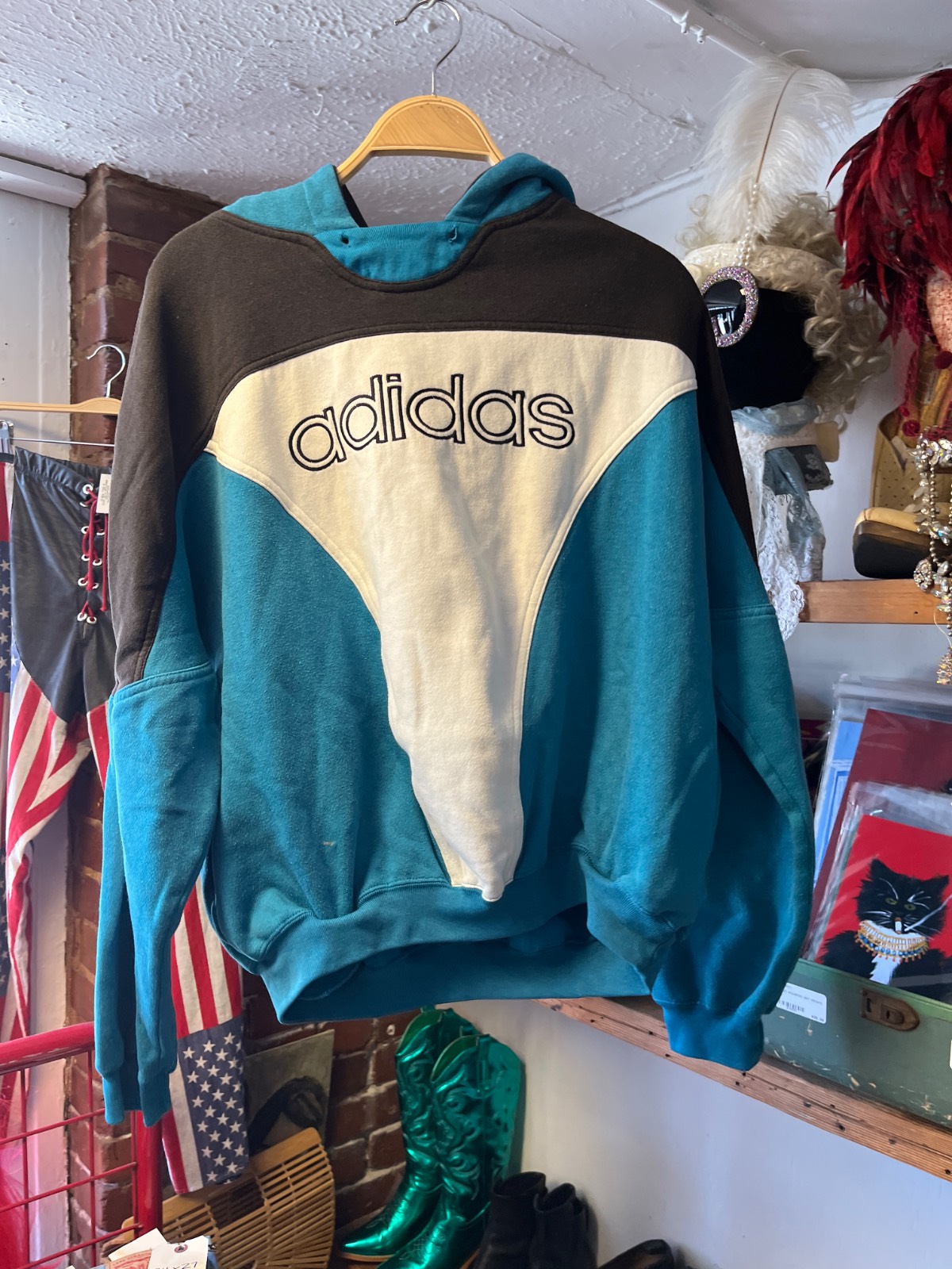 ADIDAS AS-IS ADIDAS COLORBLOCK HOODIE WITH LOGO in TEAL, WHITE, BLACK