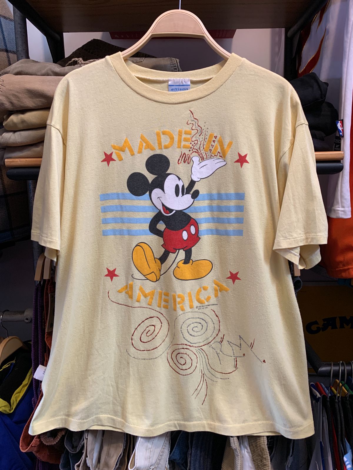 ALLISON *AS-IS* 1980S MADE IN AMERICA MICKEY MOUSE GRAPHIC T-SHIRT STARS & STRIPES in YELLOW, RED, BLACK