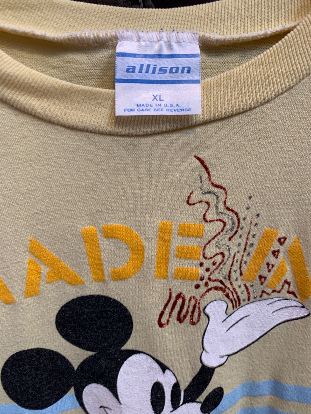 ALLISON *AS-IS* 1980S MADE IN AMERICA MICKEY MOUSE GRAPHIC T-SHIRT STARS & STRIPES in YELLOW, RED, BLACK