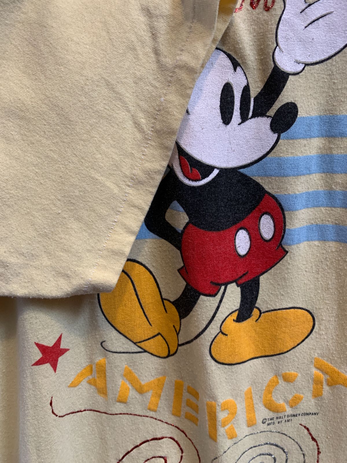 ALLISON *AS-IS* 1980S MADE IN AMERICA MICKEY MOUSE GRAPHIC T-SHIRT STARS & STRIPES in YELLOW, RED, BLACK