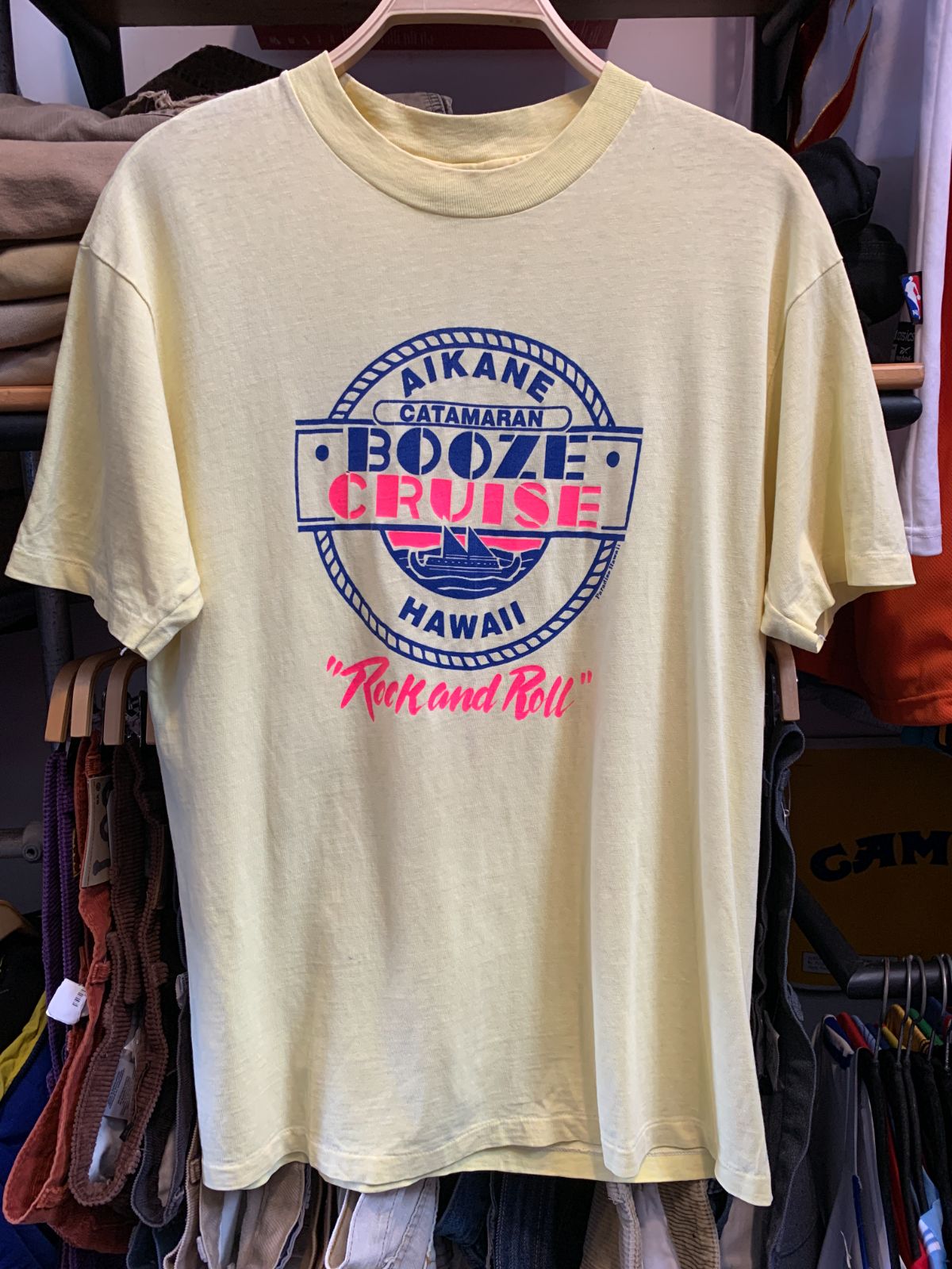 HANES AIKANE HAWAII NEON CATAMARAN BOOZE CRUISE GRAPHIC SINGLE STITCH T-SHIRT in YELLOW, BLUE, PINK