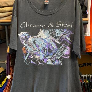 HARLEY DAVIDSON *AS-IS* PERFECTLY DISTRESSED! 1990S HARLEY DAVIDSON CHROME & STEEL MOTORCYCLE GRAPHIC SINGLE STITCH T-SHIRT in BLACK, PURPLE, BLUE