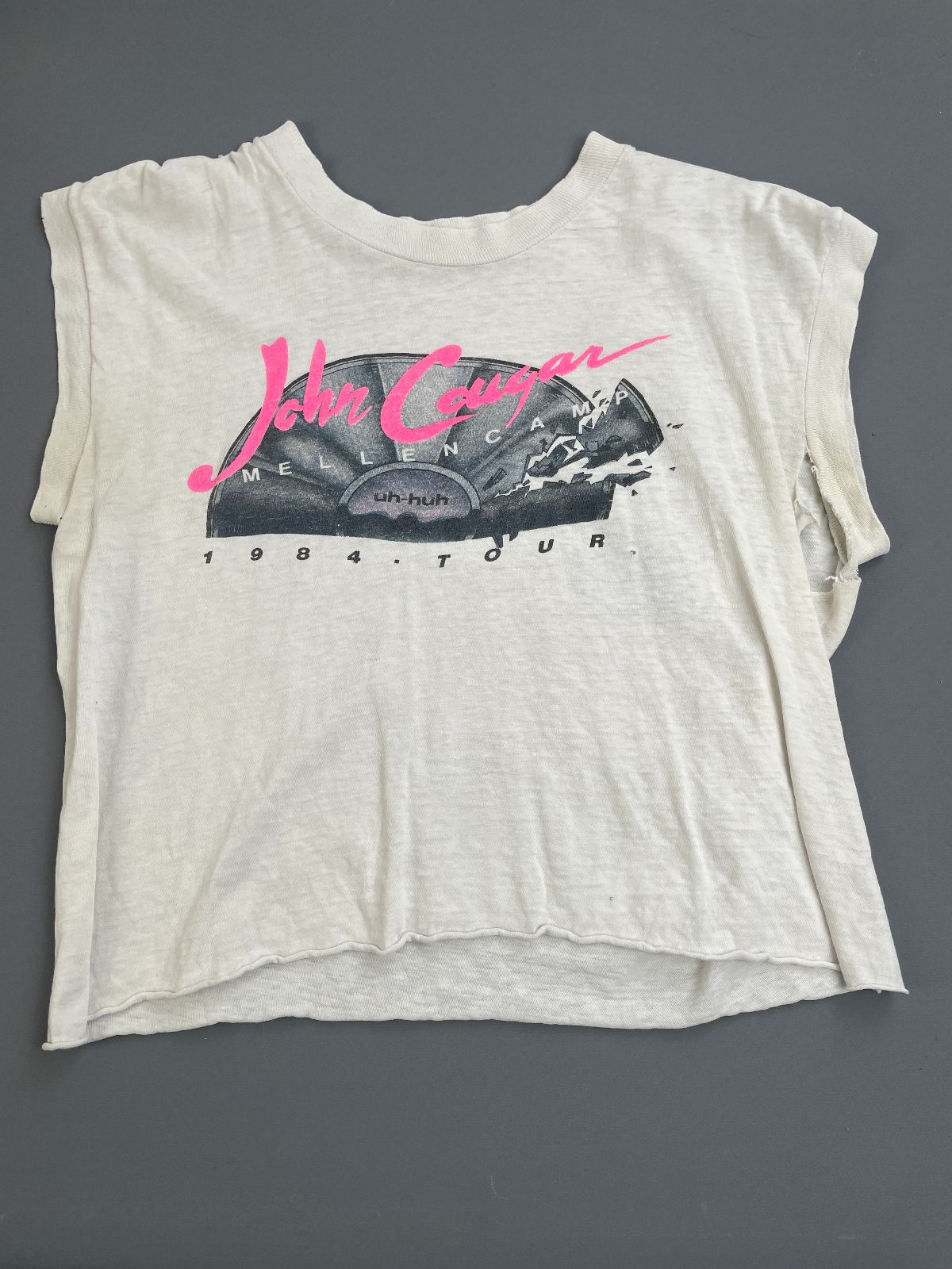 *AS-IS* 1980S JOHN COUGAR MELLENCAMP 1984 TOUR CROPPED RINGER TEE in WHITE