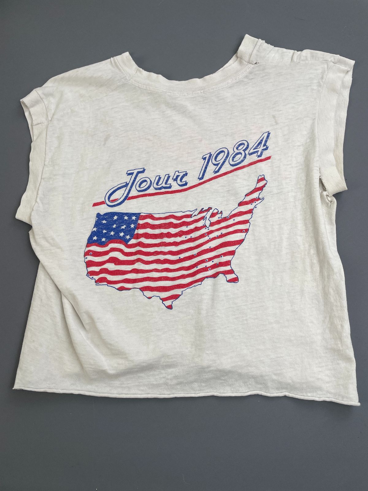 *AS-IS* 1980S JOHN COUGAR MELLENCAMP 1984 TOUR CROPPED RINGER TEE in WHITE