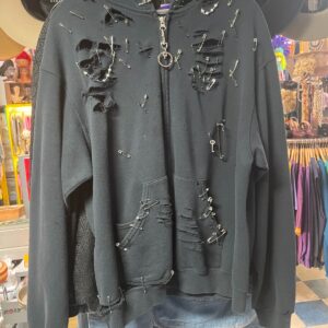 FRUIT OF THE LOOM DISTRESSED SAFETY PIN PUNK ZIPUP HOODED SWEATSHIRT in BLACK