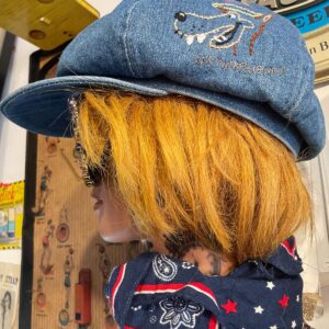 DENIM PANEL NEWSIE HAT W/ WOLF HAND EMBROIDERY in BLUE