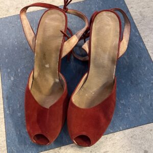 *AS-IS* RED SUEDE PEEP TOE LACE UP HEELS in RED, BROWN