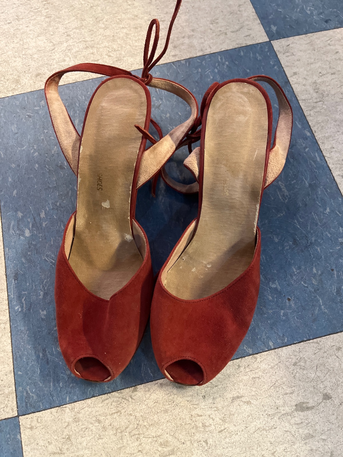 *AS-IS* RED SUEDE PEEP TOE LACE UP HEELS in RED, BROWN