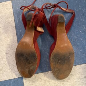 *AS-IS* RED SUEDE PEEP TOE LACE UP HEELS in RED, BROWN