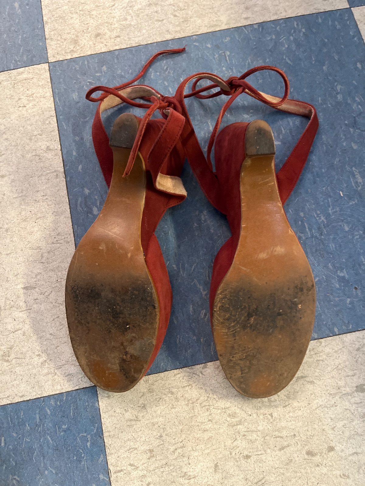 *AS-IS* RED SUEDE PEEP TOE LACE UP HEELS in RED, BROWN