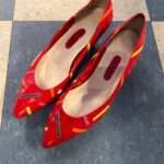 RED POINTED FLATS WITH MULTI COLOR PATCH DETAILS