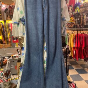 CHEMIN DE FER 1970S HIGH WAIST FLARED DENIM CONTRAST STITCH UNIQUE POCKET PANTS in BLUE
