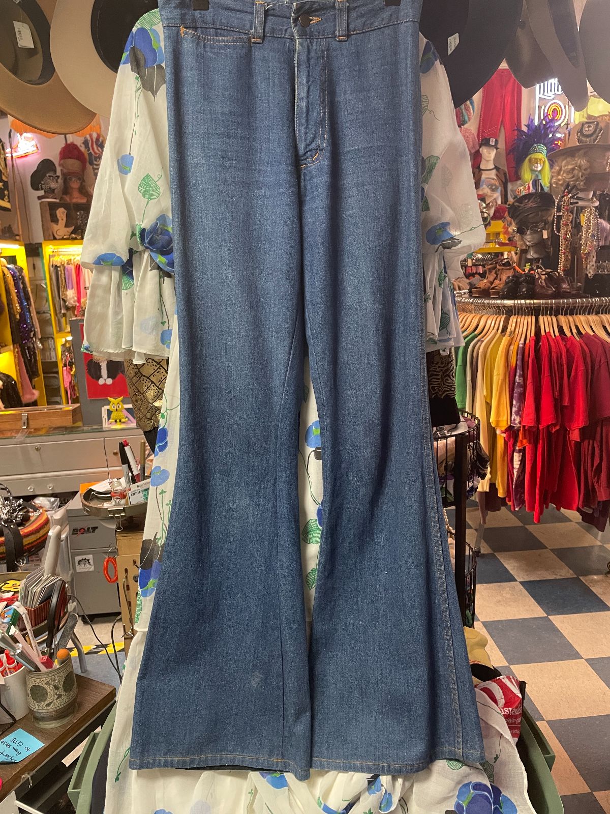 CHEMIN DE FER 1970S HIGH WAIST FLARED DENIM CONTRAST STITCH UNIQUE POCKET PANTS in BLUE