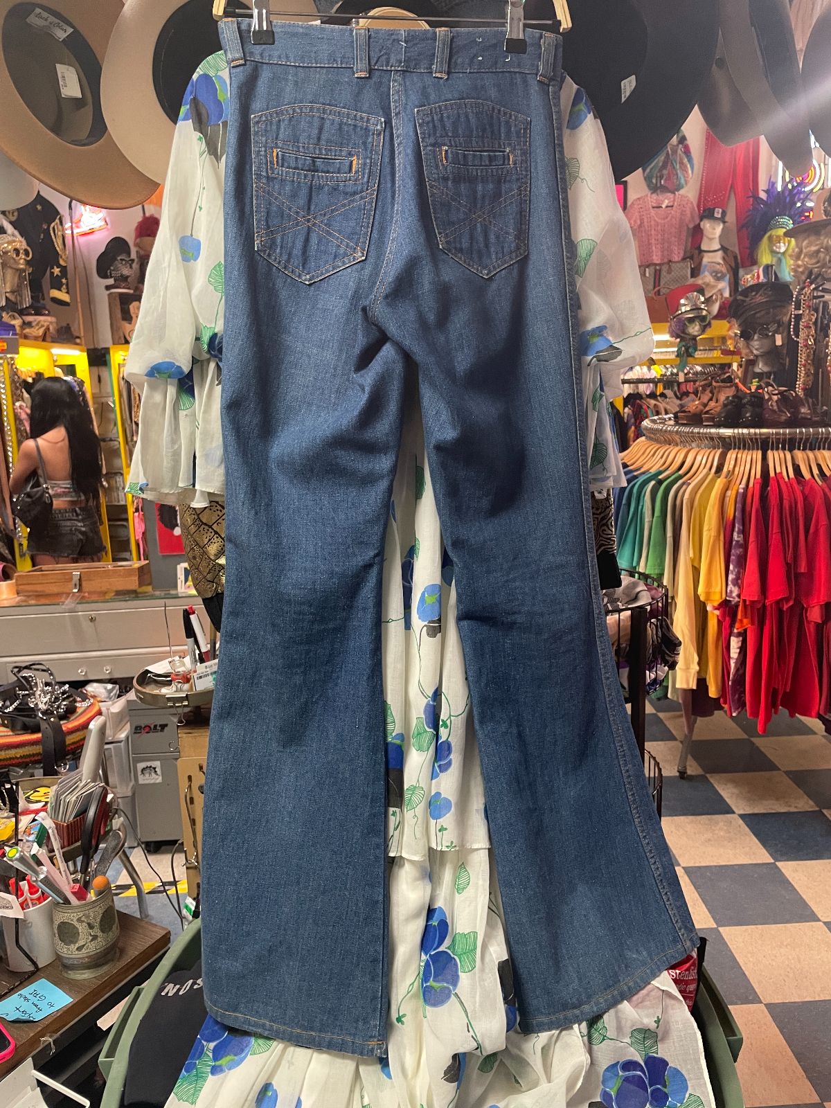 CHEMIN DE FER 1970S HIGH WAIST FLARED DENIM CONTRAST STITCH UNIQUE POCKET PANTS in BLUE