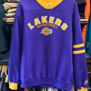LEE SPORT EMBROIDERED LOS ANGELES LAKERS BASKETBALL COLORBLOCK SWEATSHIRT STRIPED SLEEVE in PURPLE, YELLOW