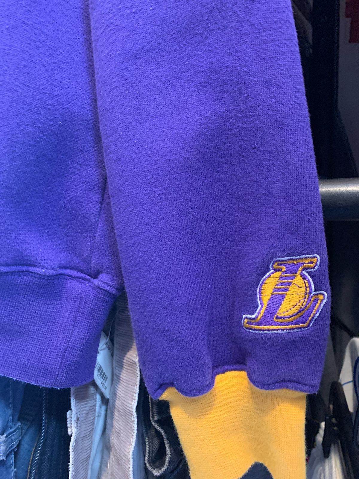 LEE SPORT EMBROIDERED LOS ANGELES LAKERS BASKETBALL COLORBLOCK SWEATSHIRT STRIPED SLEEVE in PURPLE, YELLOW