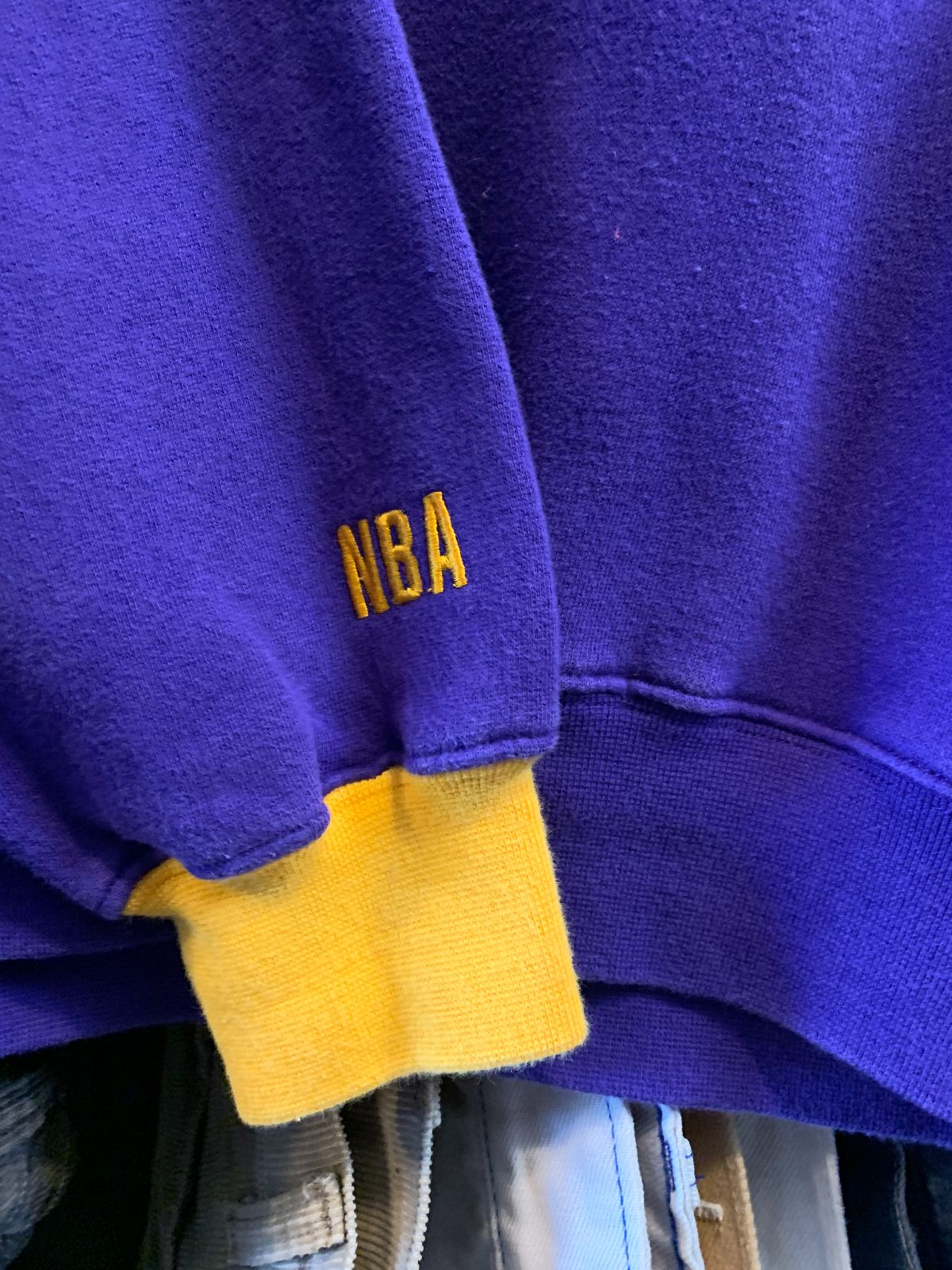 LEE SPORT EMBROIDERED LOS ANGELES LAKERS BASKETBALL COLORBLOCK SWEATSHIRT STRIPED SLEEVE in PURPLE, YELLOW
