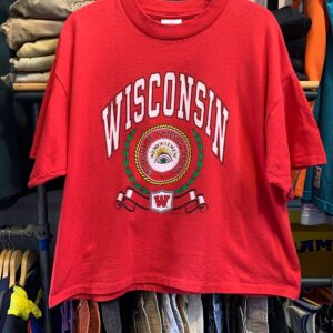 SATURDAYS HERO 1991 WISCONSIN UNIVERSITY SINGLE STITCH T-SHIRT BOXY FIT in RED, WHITE, GREEN