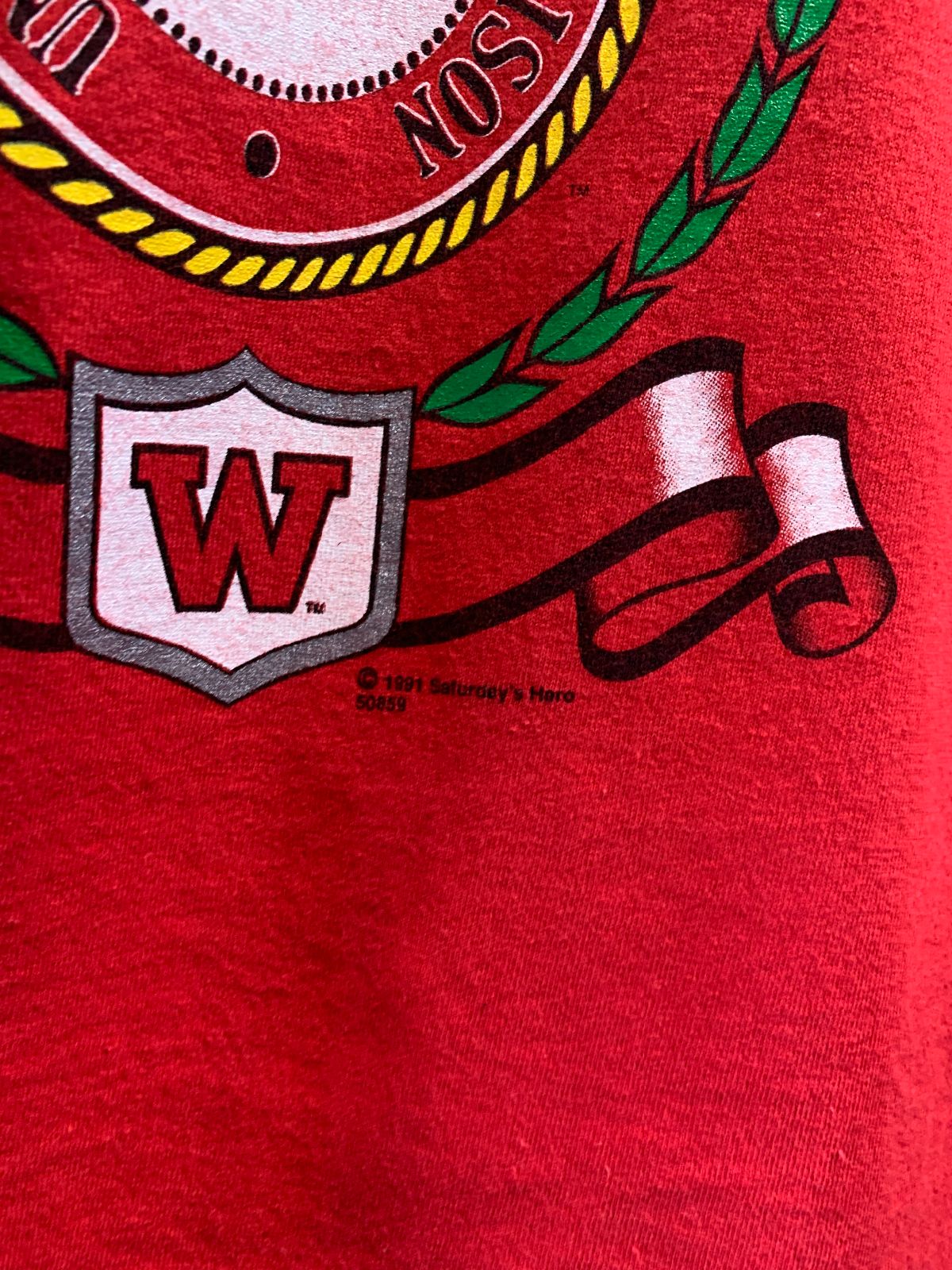 SATURDAYS HERO 1991 WISCONSIN UNIVERSITY SINGLE STITCH T-SHIRT BOXY FIT in RED, WHITE, GREEN