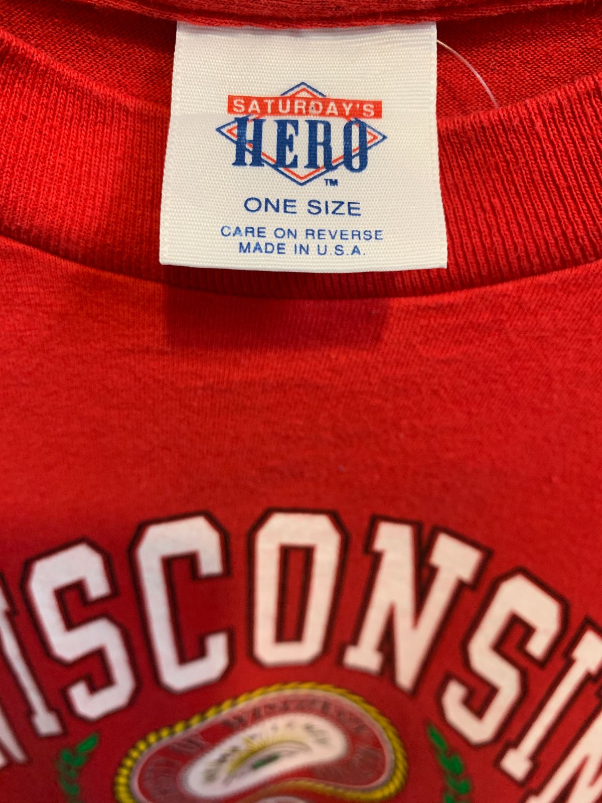 SATURDAYS HERO 1991 WISCONSIN UNIVERSITY SINGLE STITCH T-SHIRT BOXY FIT in RED, WHITE, GREEN