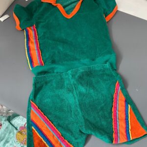 TOPIC KNITS UNREAL! 1970S TERRY CLOTH 2-PIECE SET RAINBOW DETAILS in TEAL, MULTI