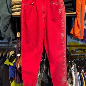 CHIC 1980S SWEET CONTRAST WHITE STITCHING DENIM PANTS W/ PAISLEY HAND EMBROIDERY in RED
