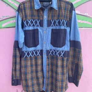 PARCHAL 1990S PATCHWORK DENIM SHIRT LATTICE DETAILS in BLUE, YELLOW
