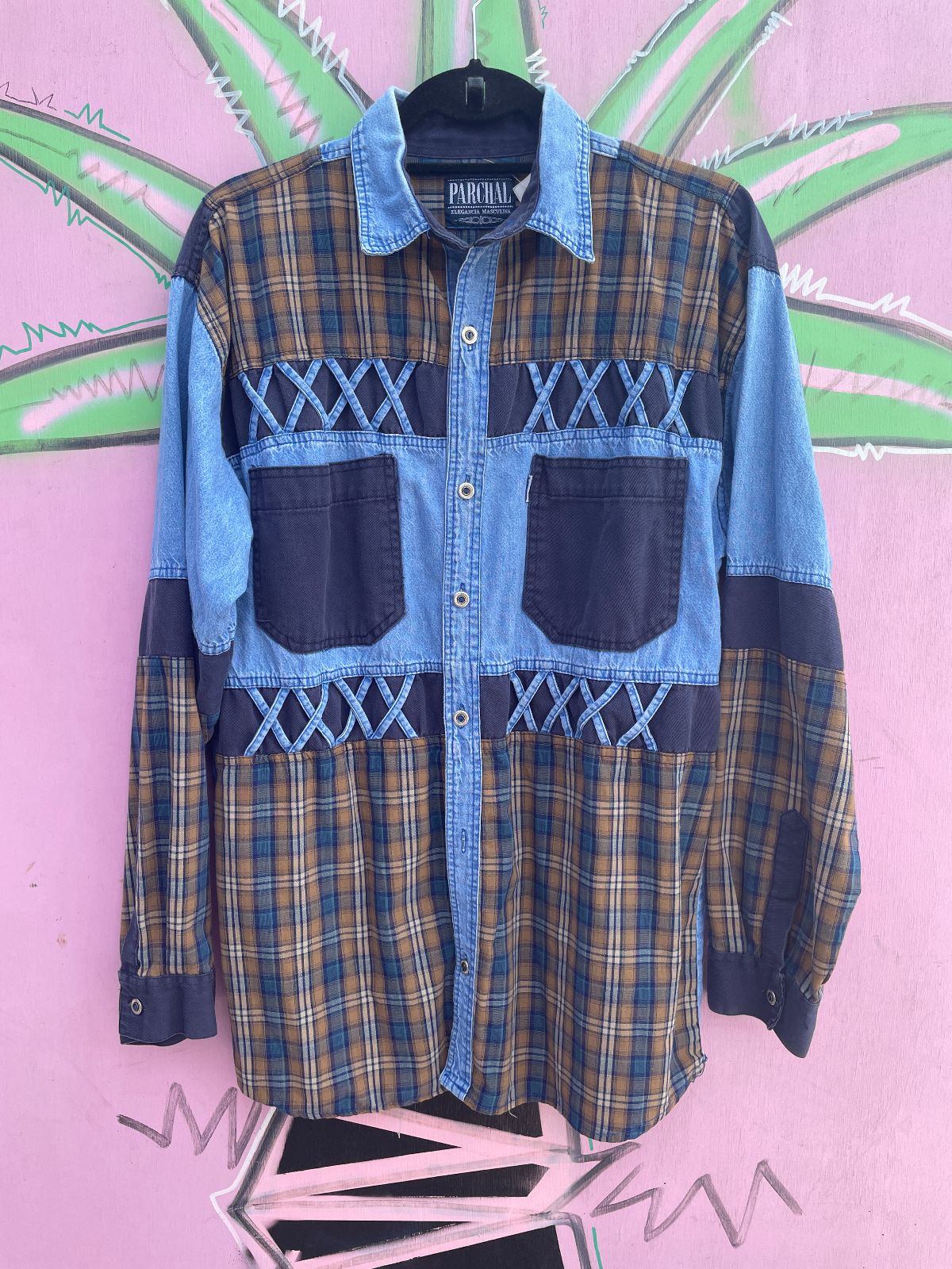 PARCHAL 1990S PATCHWORK DENIM SHIRT LATTICE DETAILS in BLUE, YELLOW