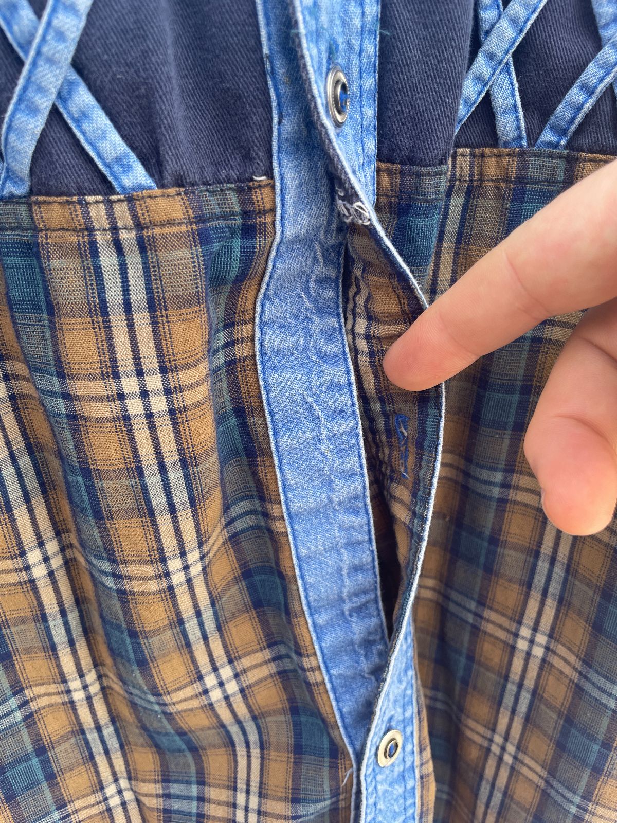 PARCHAL 1990S PATCHWORK DENIM SHIRT LATTICE DETAILS in BLUE, YELLOW