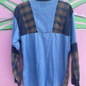 PARCHAL 1990S PATCHWORK DENIM SHIRT LATTICE DETAILS in BLUE, YELLOW
