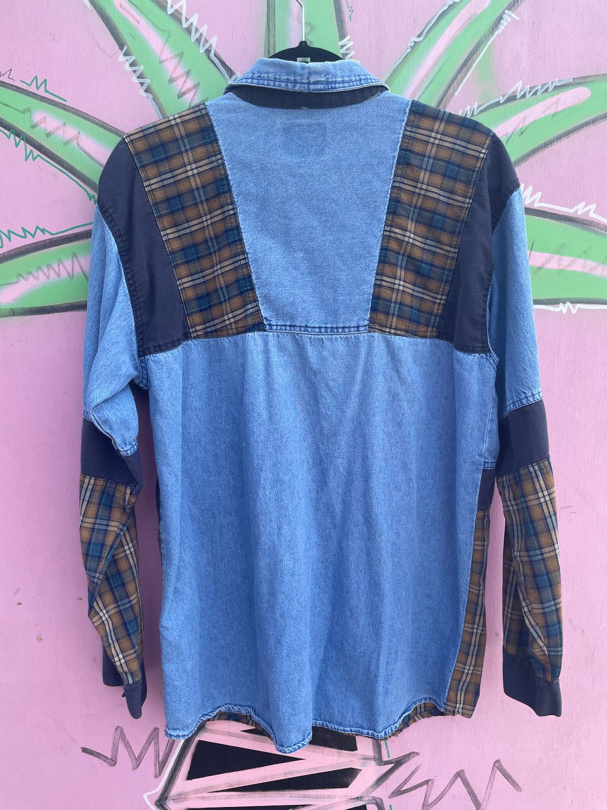 PARCHAL 1990S PATCHWORK DENIM SHIRT LATTICE DETAILS in BLUE, YELLOW