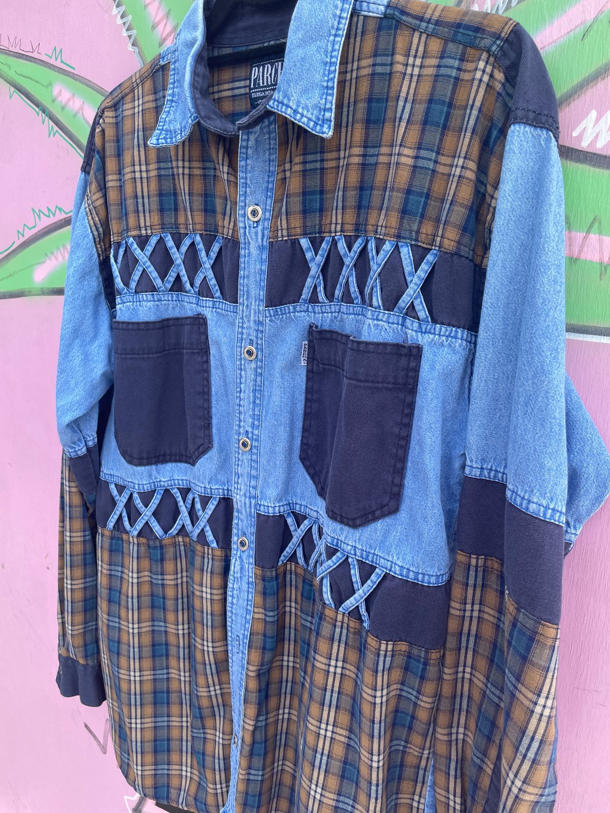 PARCHAL 1990S PATCHWORK DENIM SHIRT LATTICE DETAILS in BLUE, YELLOW