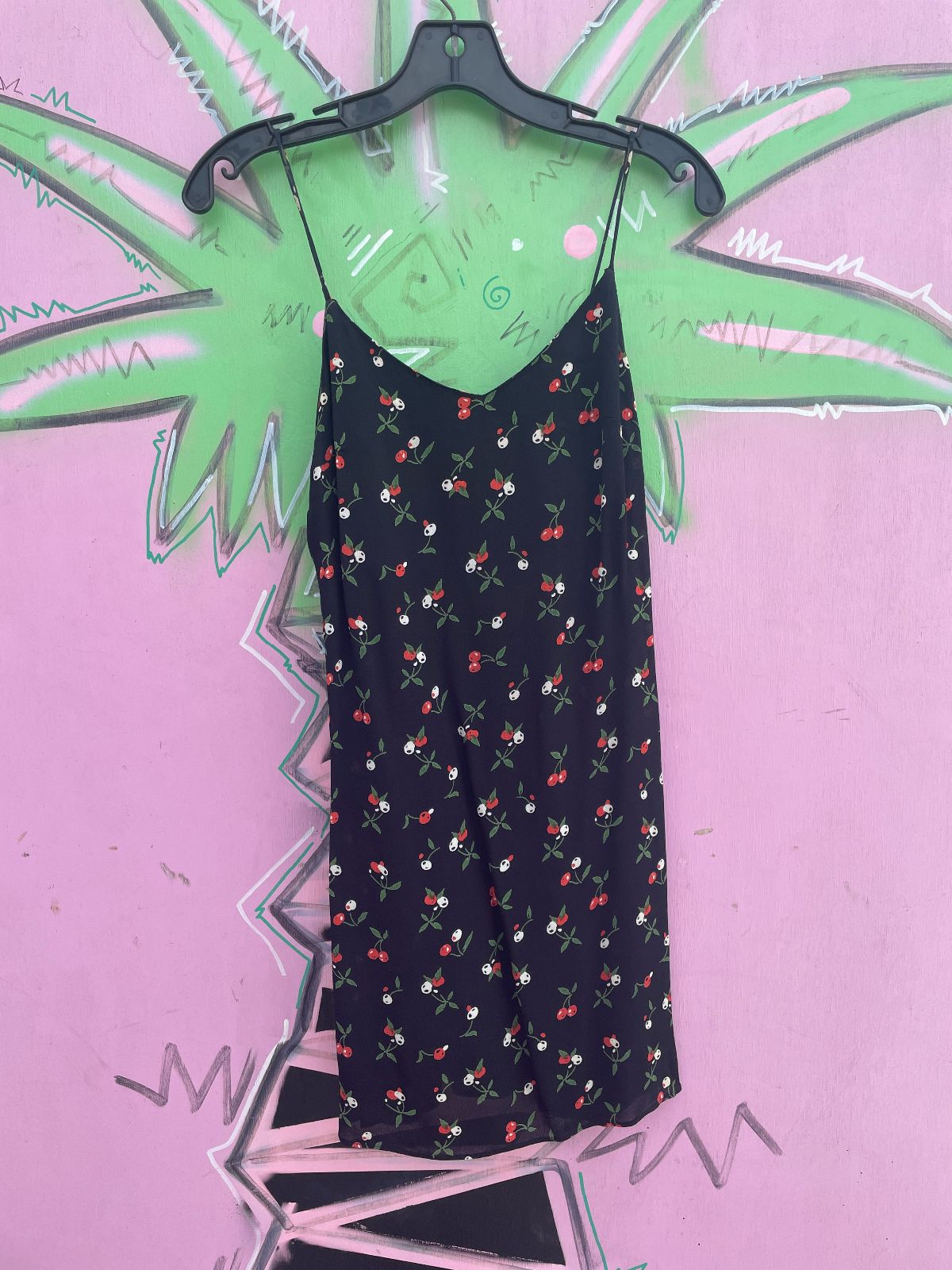 HONEY PUNCH SO CUTE! CHERRY PRINT RAYON MINI DRESS, SPAGHETTI STRAPS in BLACK, RED, GREEN