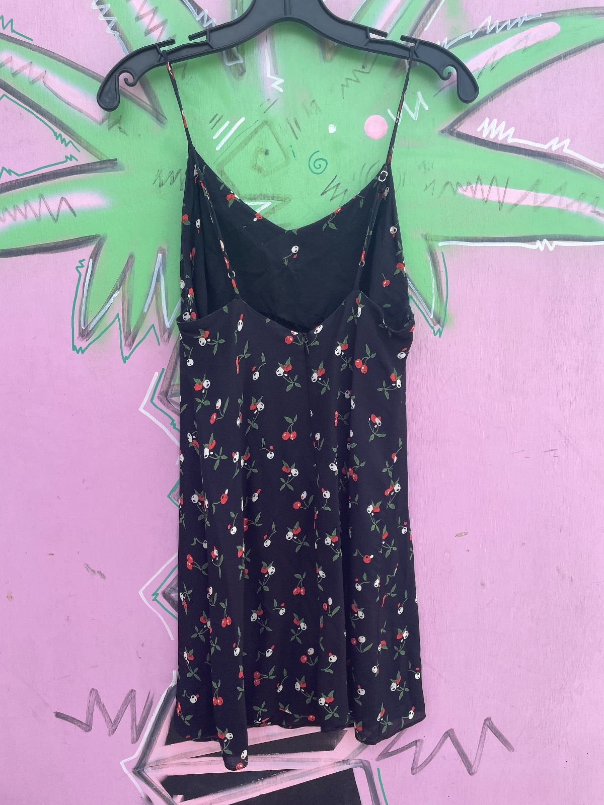 HONEY PUNCH SO CUTE! CHERRY PRINT RAYON MINI DRESS, SPAGHETTI STRAPS in BLACK, RED, GREEN