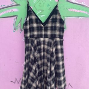 ESSUE CUTE! Y2K PUNKY PLAID FIT & FLARE MINI DRESS, SPAGHETTI STRAPS in BLACK, TAN