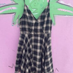 ESSUE CUTE! Y2K PUNKY PLAID FIT & FLARE MINI DRESS, SPAGHETTI STRAPS in BLACK, TAN