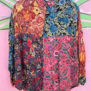 THUMBS UP SO CUTE! 1990S FLORAL PATCHWORK INDIAN RAYON LONG SLEEVE BUTTON DOWN BLOUSE, BEADED DETAILS in PINK, BLUE