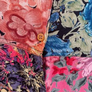 THUMBS UP SO CUTE! 1990S FLORAL PATCHWORK INDIAN RAYON LONG SLEEVE BUTTON DOWN BLOUSE, BEADED DETAILS in PINK, BLUE