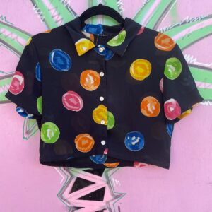 1990S SHEER COLORFUL PRINT CROPPED BLOUSE, MOTHER OF PEARL BUTTONS in BLACK, MULTI