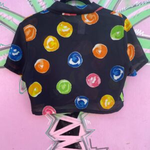 1990S SHEER COLORFUL PRINT CROPPED BLOUSE, MOTHER OF PEARL BUTTONS in BLACK, MULTI