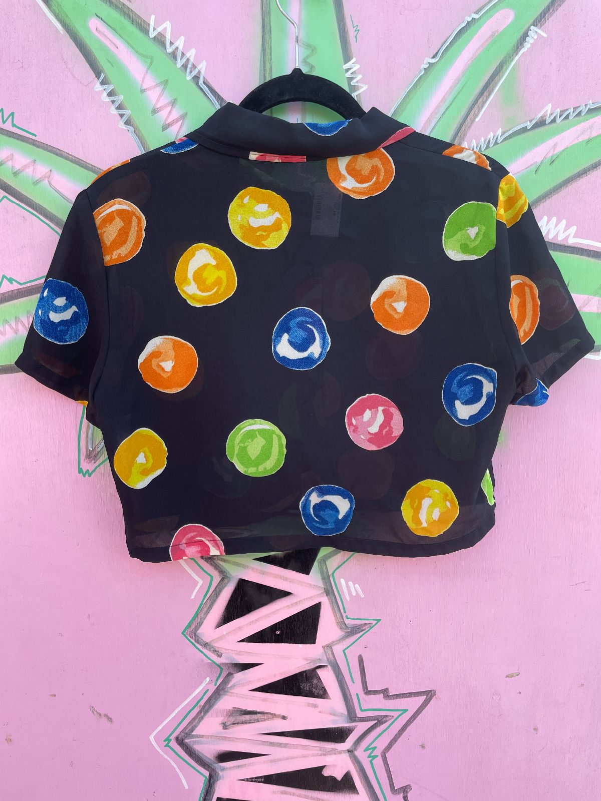 1990S SHEER COLORFUL PRINT CROPPED BLOUSE, MOTHER OF PEARL BUTTONS in BLACK, MULTI