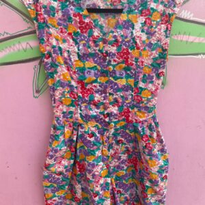 ACCESS PETITE 1980S-90S 100% COTTON FLORAL PRINT BUTTON FRONT ROMPER in PINK, PURPLE