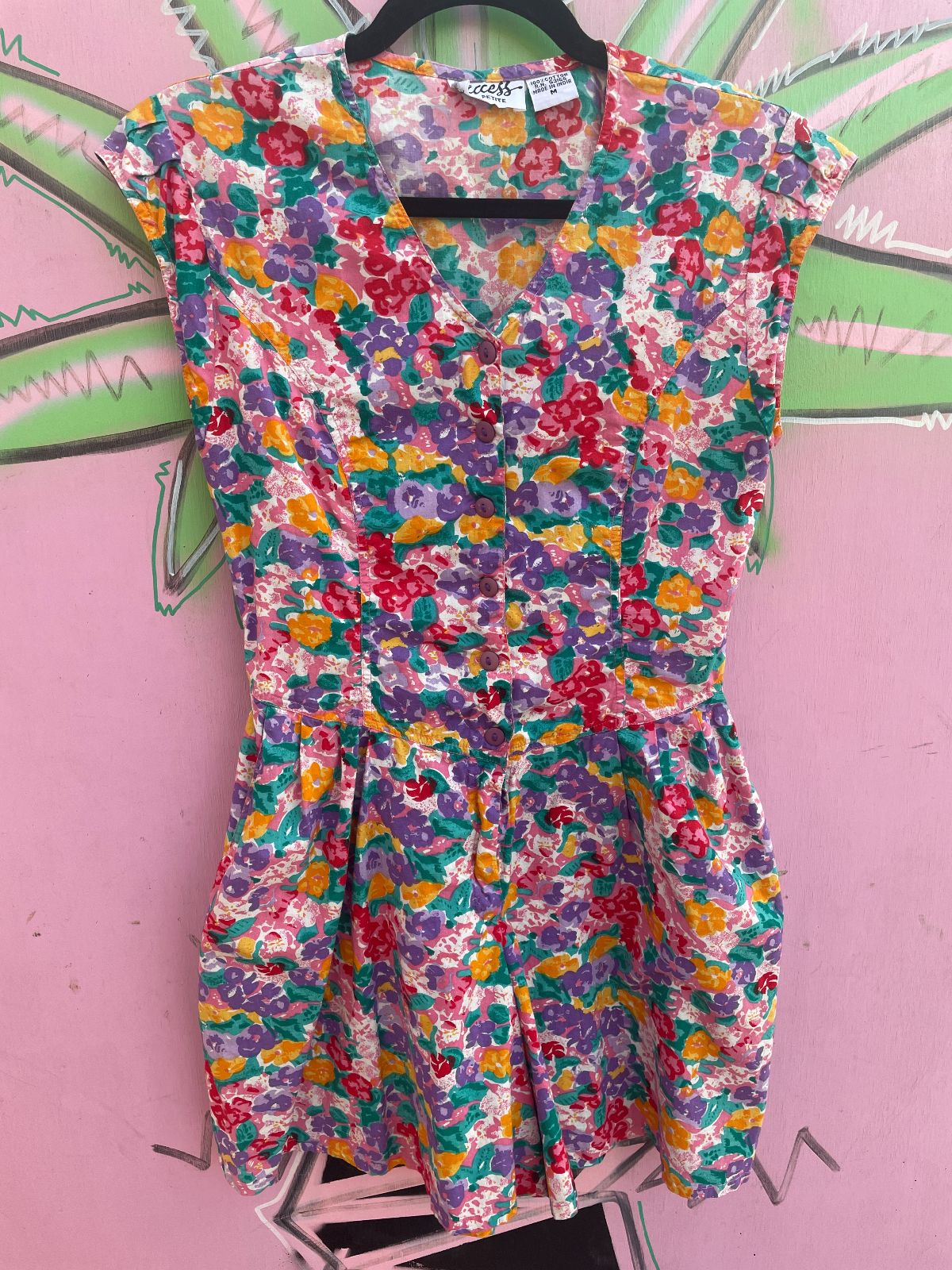 ACCESS PETITE 1980S-90S 100% COTTON FLORAL PRINT BUTTON FRONT ROMPER in PINK, PURPLE